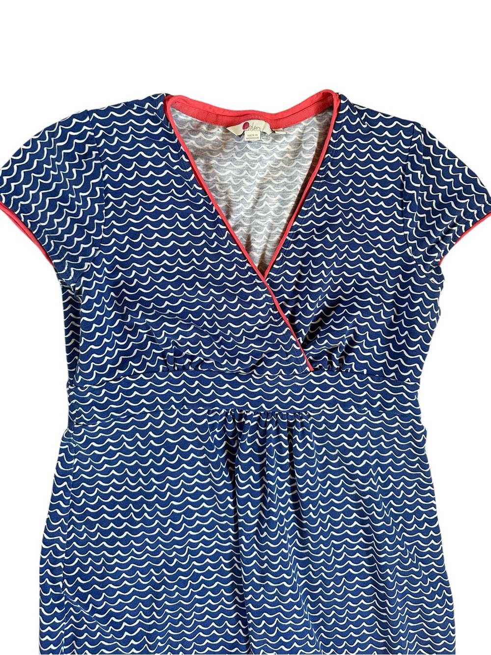 BODEN cotton blend blue & white wave pattern dress w/pink trim size 10R - Picture 2 of 5